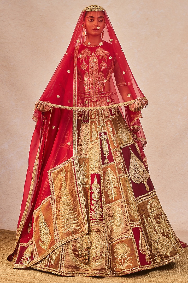 Red Tissue Paankh-Bagh Motif Embroidered Bridal Lehenga Set by Masaba at Pernia's Pop Up Shop