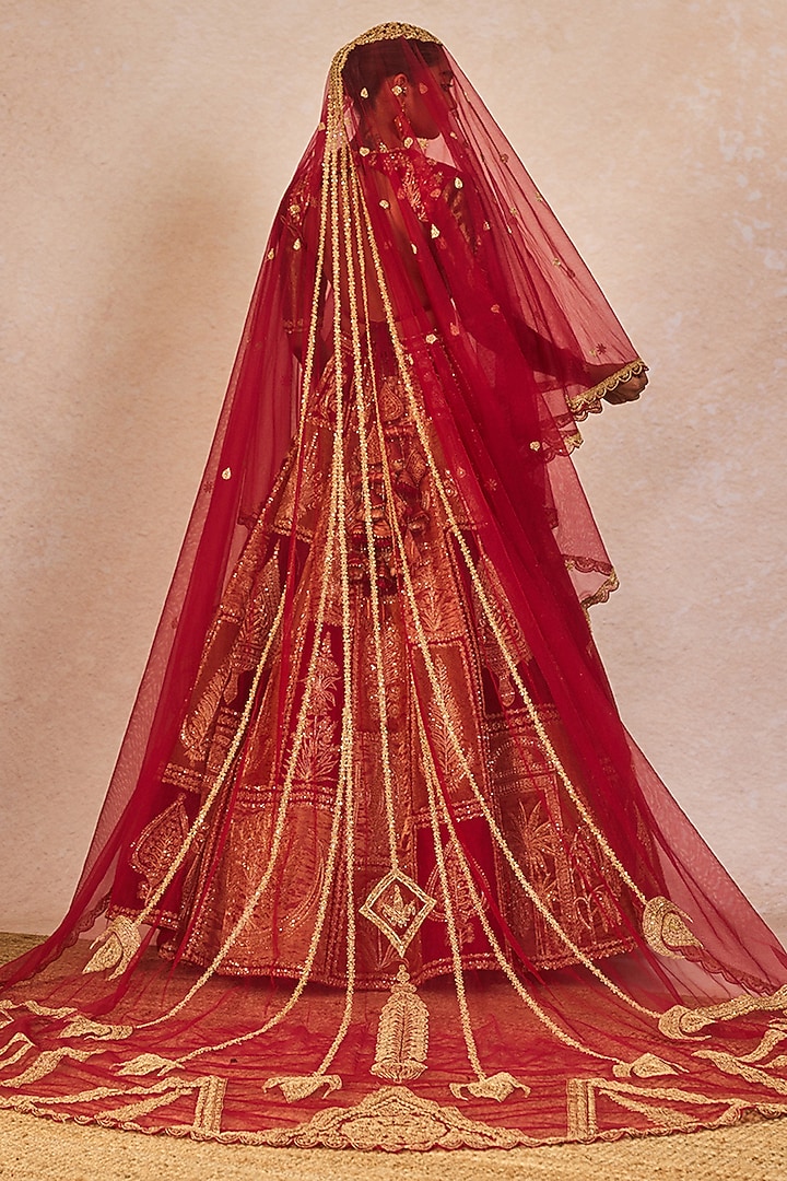 Red Tissue Paankh-Bagh Motif Embroidered Bridal Lehenga Set by Masaba at Pernia's Pop Up Shop