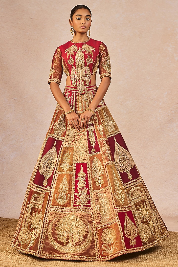Red Tissue Paankh-Bagh Motif Embroidered Bridal Lehenga Set by Masaba at Pernia's Pop Up Shop