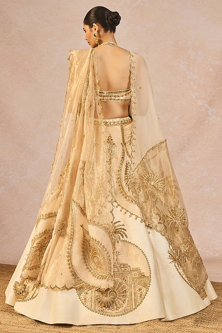 Ivory & Gold Tissue Chaand Kashti Motif Embroidered Bridal Lehenga Set by Masaba at Pernia's Pop Up Shop