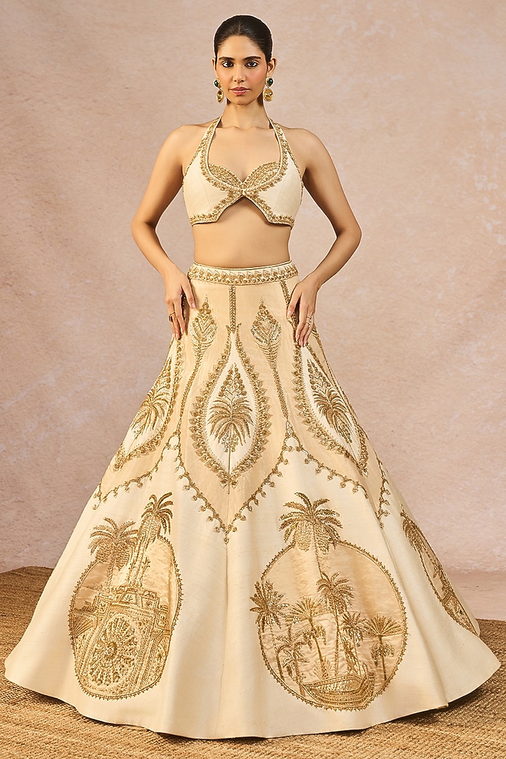 Ivory & Gold Tissue Chaand Kashti Motif Embroidered Bridal Lehenga Set by Masaba at Pernia's Pop Up Shop