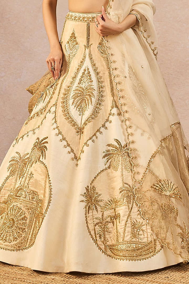 Ivory & Gold Tissue Chaand Kashti Motif Embroidered Bridal Lehenga Set by Masaba at Pernia's Pop Up Shop