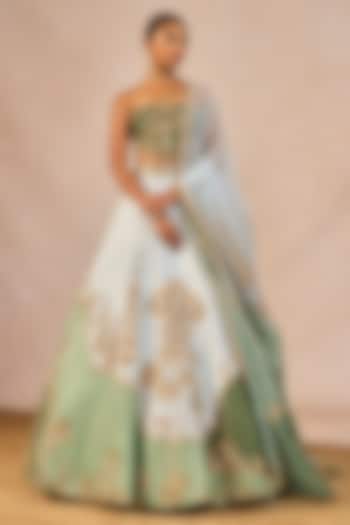 Blue & Green Raw Silk Paankh-Bagh Motif Embroidered Bridal Lehenga Set by Masaba at Pernia's Pop Up Shop