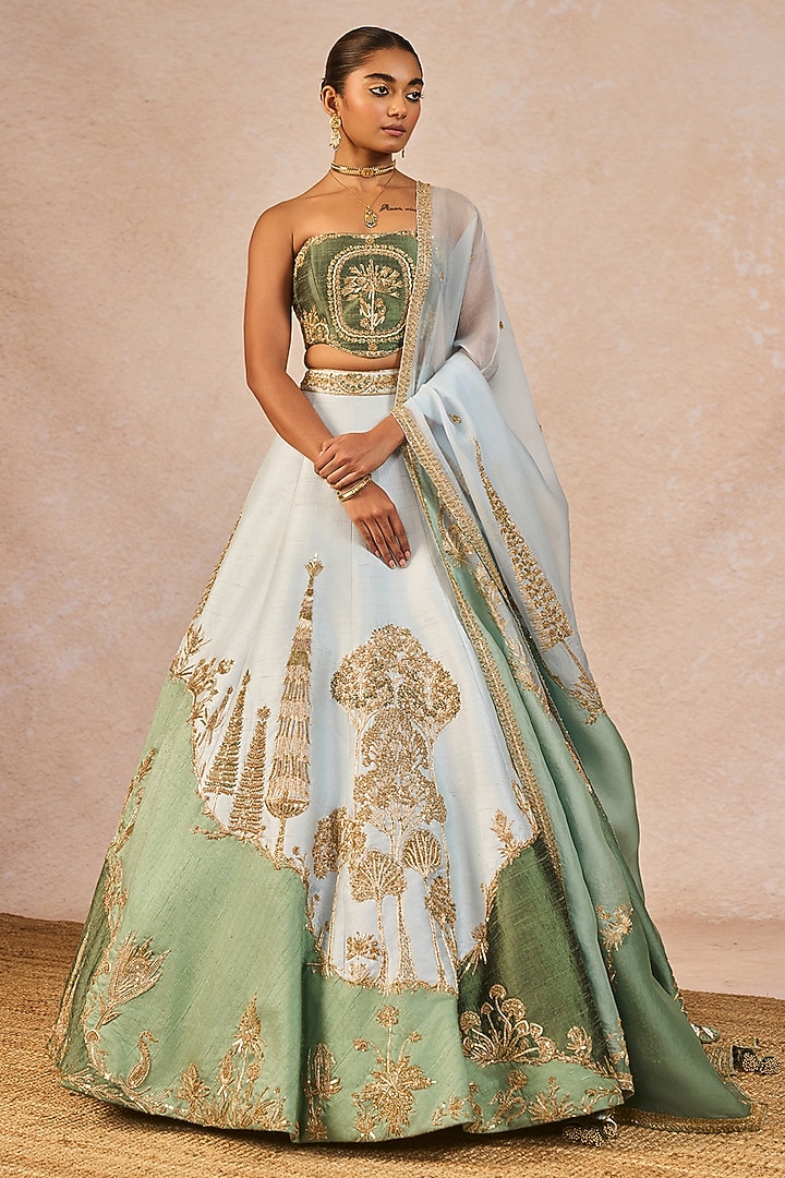 Blue & Green Raw Silk Paankh-Bagh Motif Embroidered Bridal Lehenga Set by Masaba at Pernia's Pop Up Shop