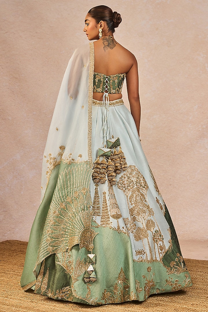 Blue & Green Raw Silk Paankh-Bagh Motif Embroidered Bridal Lehenga Set by Masaba at Pernia's Pop Up Shop