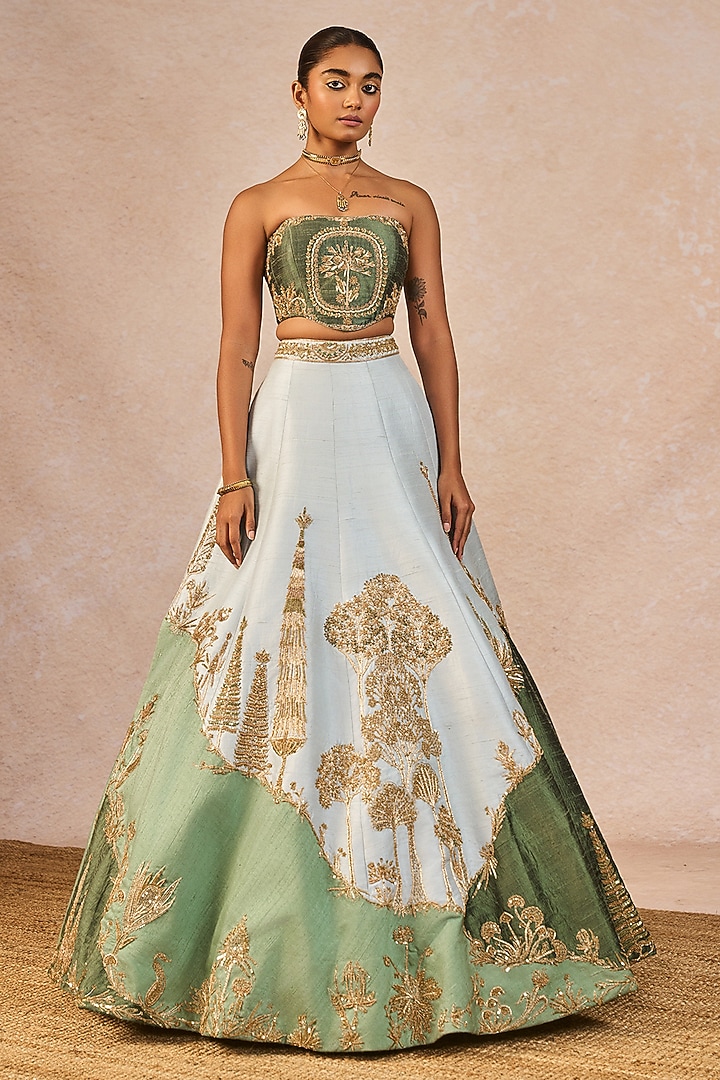 Blue & Green Raw Silk Paankh-Bagh Motif Embroidered Bridal Lehenga Set by Masaba at Pernia's Pop Up Shop