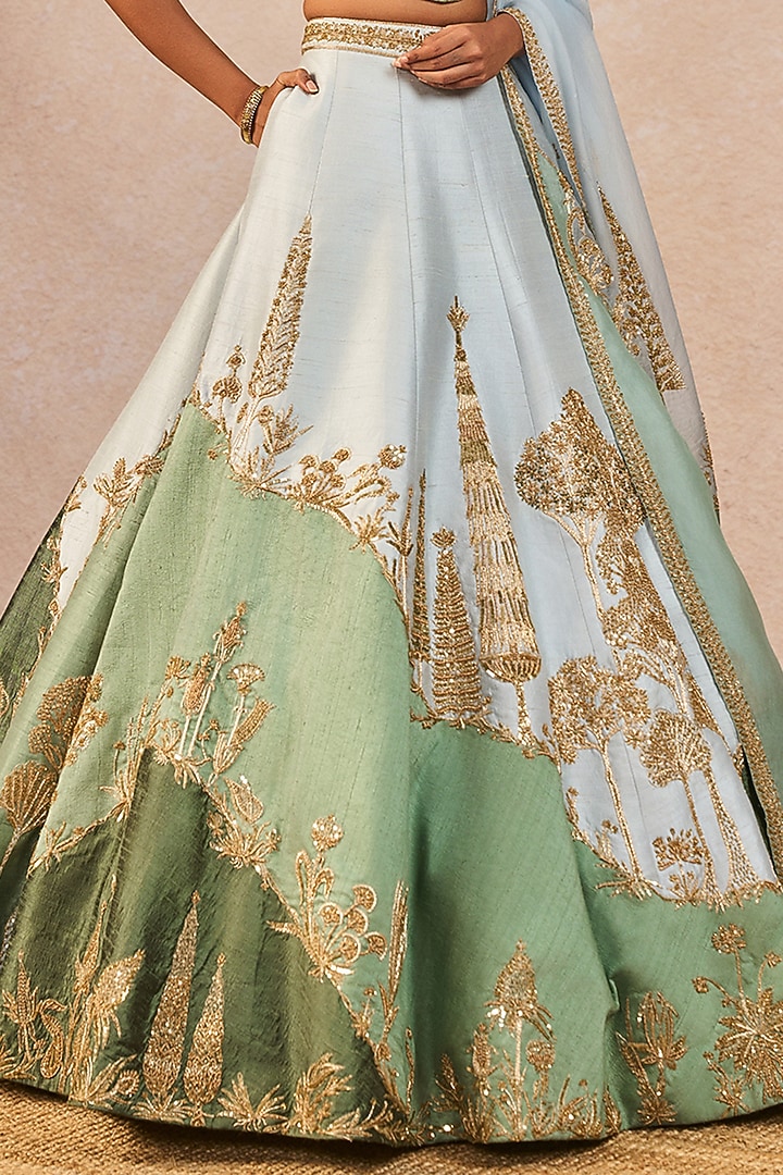 Blue & Green Raw Silk Paankh-Bagh Motif Embroidered Bridal Lehenga Set by Masaba at Pernia's Pop Up Shop