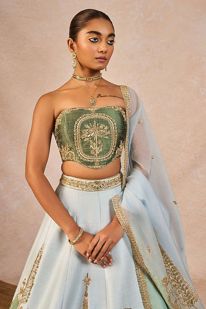 Blue & Green Raw Silk Paankh-Bagh Motif Embroidered Bridal Lehenga Set by Masaba at Pernia's Pop Up Shop