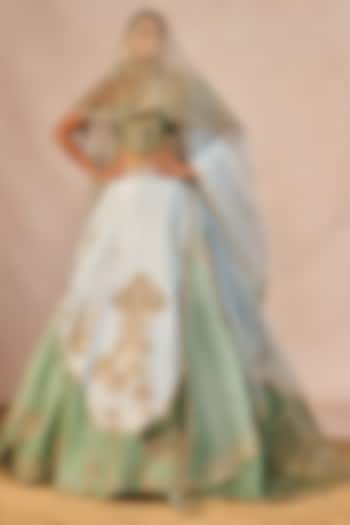 Blue & Green Raw Silk Paankh-Bagh Motif Embroidered Bridal Lehenga Set by Masaba at Pernia's Pop Up Shop
