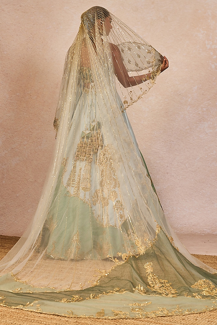Blue & Green Raw Silk Paankh-Bagh Motif Embroidered Bridal Lehenga Set by Masaba at Pernia's Pop Up Shop