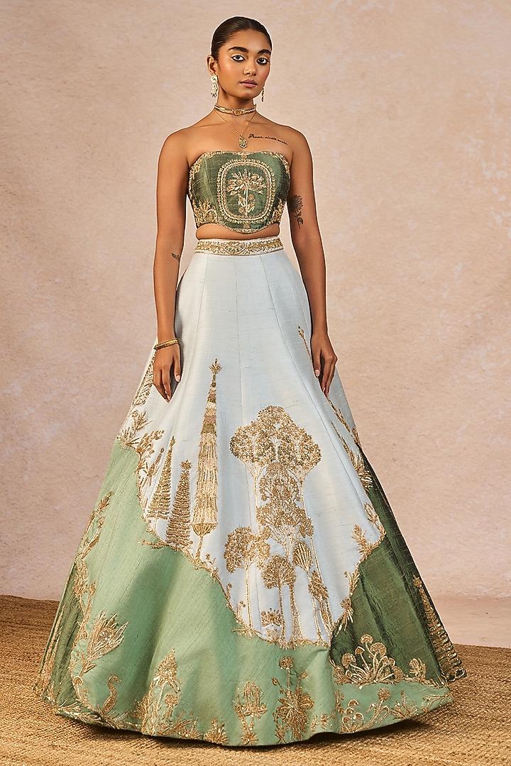 Blue & Green Raw Silk Paankh-Bagh Motif Embroidered Bridal Lehenga Set by Masaba at Pernia's Pop Up Shop