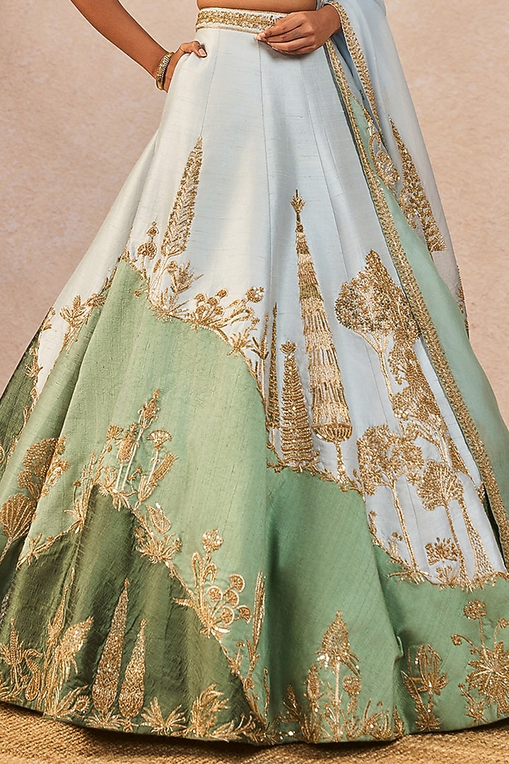 Blue & Green Raw Silk Paankh-Bagh Motif Embroidered Bridal Lehenga Set by Masaba at Pernia's Pop Up Shop