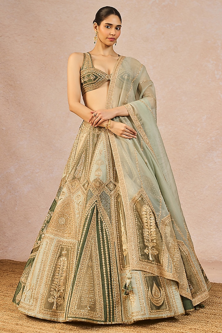 Sage Green Tissue Paankh-Bagh Motif Embroidered Bridal Lehenga Set by Masaba at Pernia's Pop Up Shop