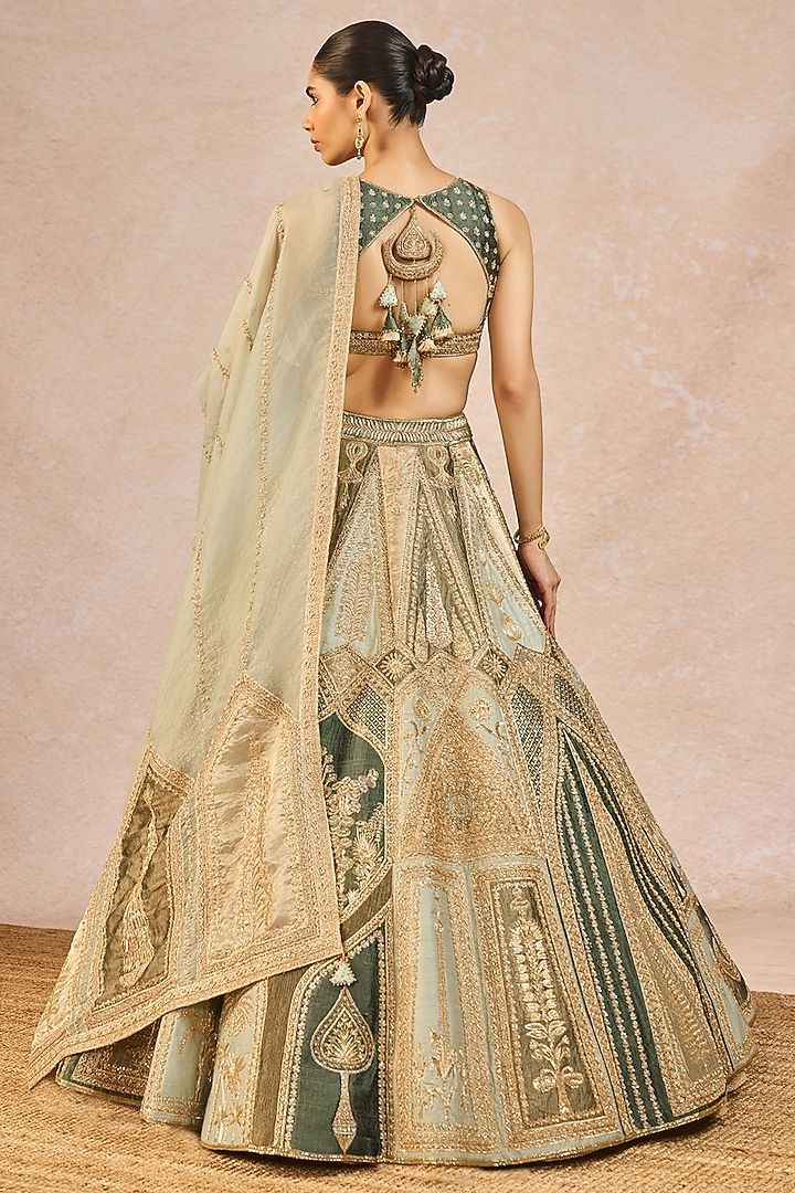 Sage Green Tissue Paankh-Bagh Motif Embroidered Bridal Lehenga Set by Masaba at Pernia's Pop Up Shop