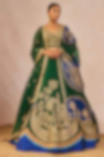 Bottle Green & Blue Raw Silk Gul Chaand Motif Embroidered Bridal Lehenga Set by Masaba at Pernia's Pop Up Shop
