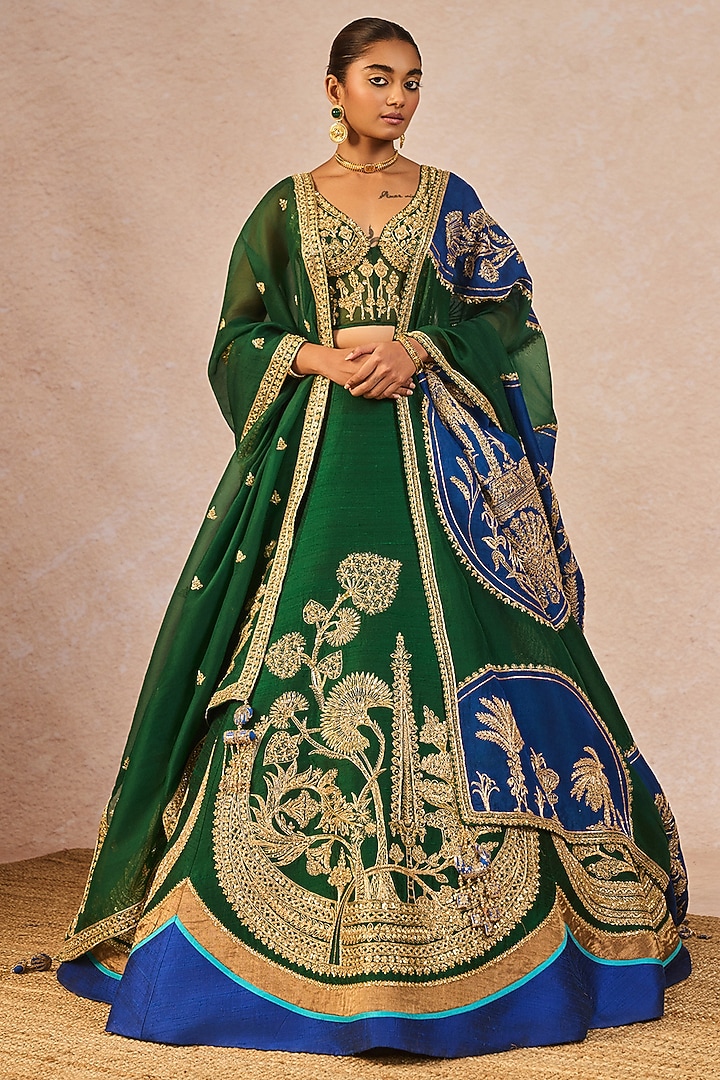 Bottle Green & Blue Raw Silk Gul Chaand Motif Embroidered Bridal Lehenga Set by Masaba at Pernia's Pop Up Shop