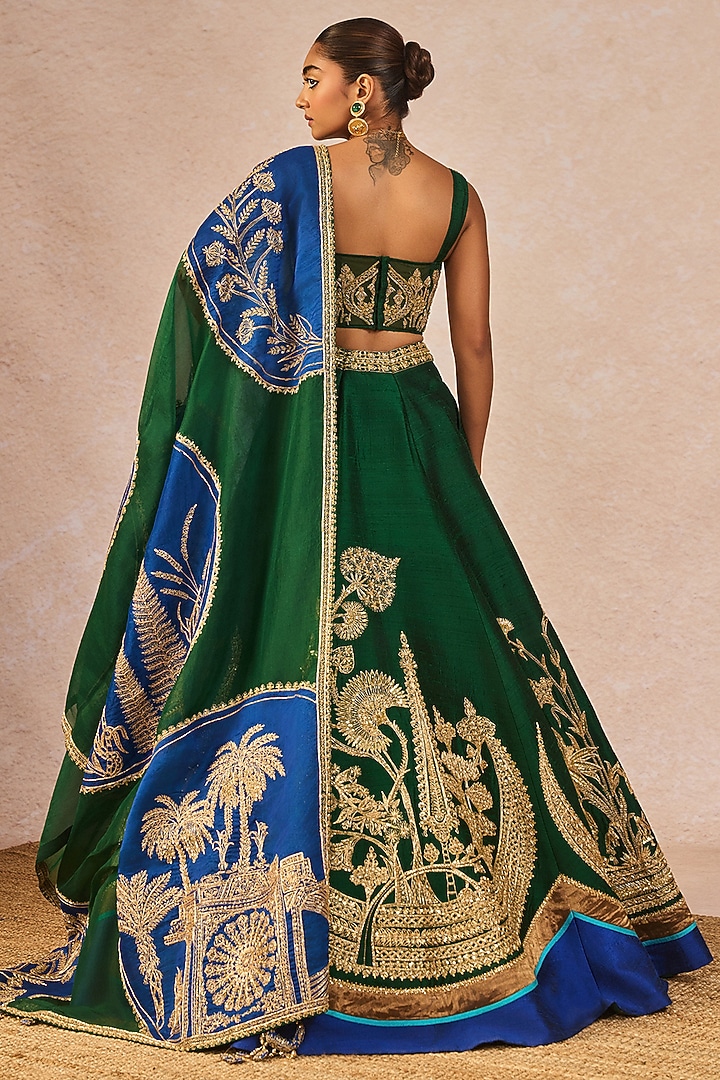 Bottle Green & Blue Raw Silk Gul Chaand Motif Embroidered Bridal Lehenga Set by Masaba at Pernia's Pop Up Shop