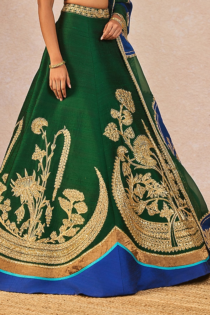 Bottle Green & Blue Raw Silk Gul Chaand Motif Embroidered Bridal Lehenga Set by Masaba at Pernia's Pop Up Shop