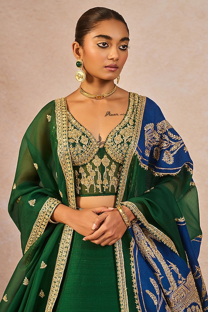 Bottle Green & Blue Raw Silk Gul Chaand Motif Embroidered Bridal Lehenga Set by Masaba at Pernia's Pop Up Shop