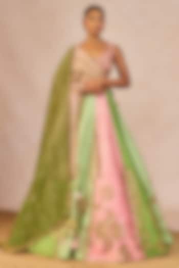Pink & Green Raw Silk Paankh Bagh Motif Embroidered Bridal Lehenga Set by Masaba at Pernia's Pop Up Shop
