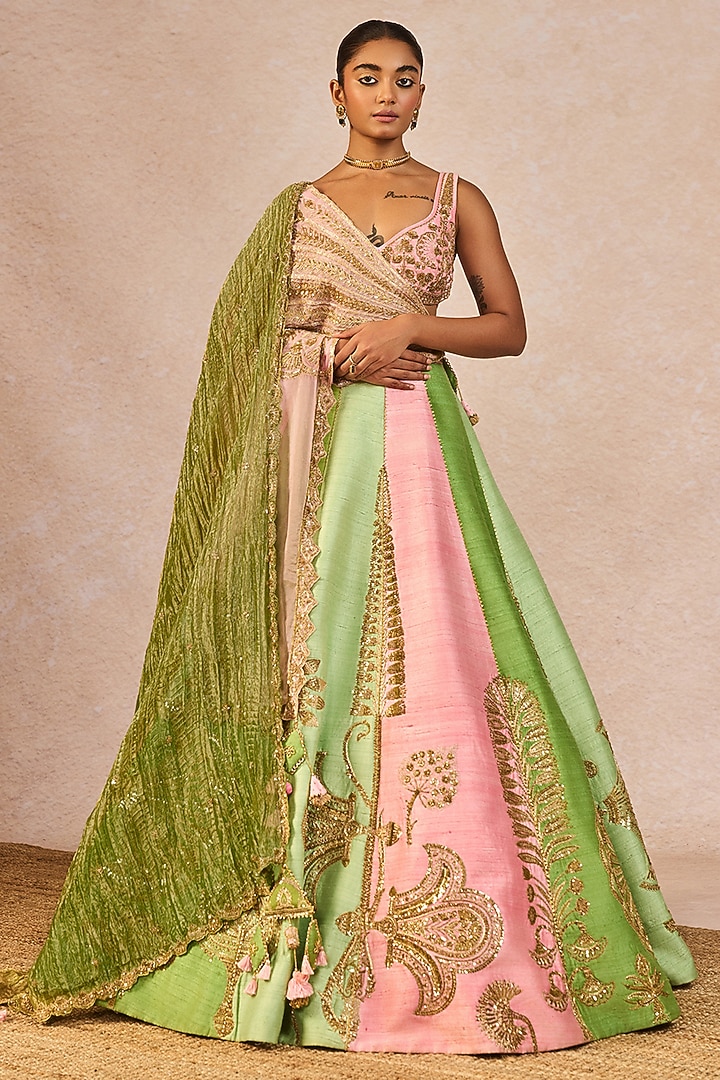 Pink & Green Raw Silk Paankh Bagh Motif Embroidered Bridal Lehenga Set by Masaba at Pernia's Pop Up Shop