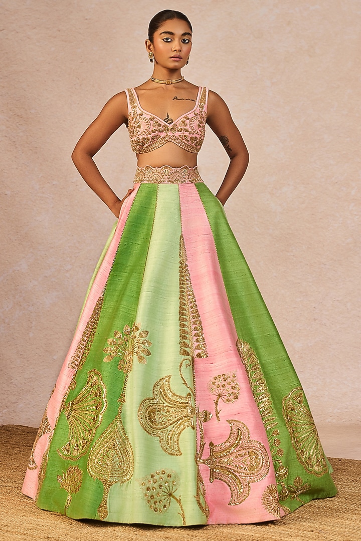 Pink & Green Raw Silk Paankh Bagh Motif Embroidered Bridal Lehenga Set by Masaba at Pernia's Pop Up Shop