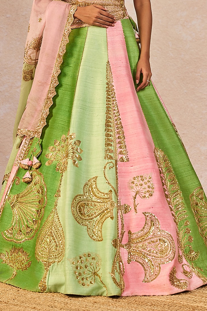 Pink & Green Raw Silk Paankh Bagh Motif Embroidered Bridal Lehenga Set by Masaba at Pernia's Pop Up Shop