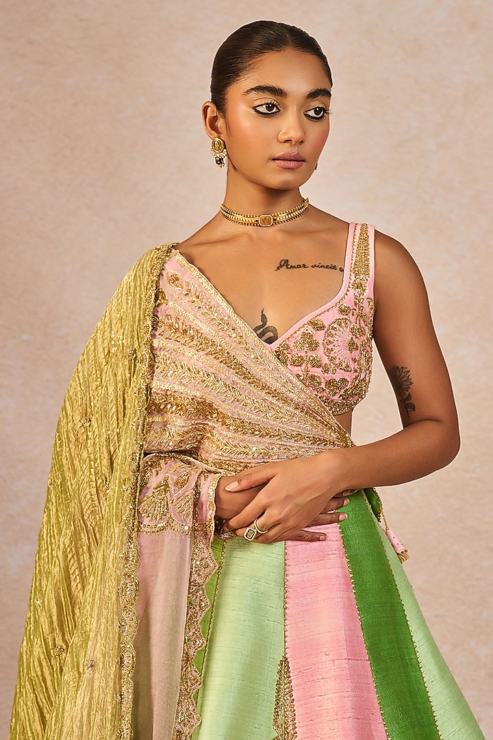 Pink & Green Raw Silk Paankh Bagh Motif Embroidered Bridal Lehenga Set by Masaba at Pernia's Pop Up Shop