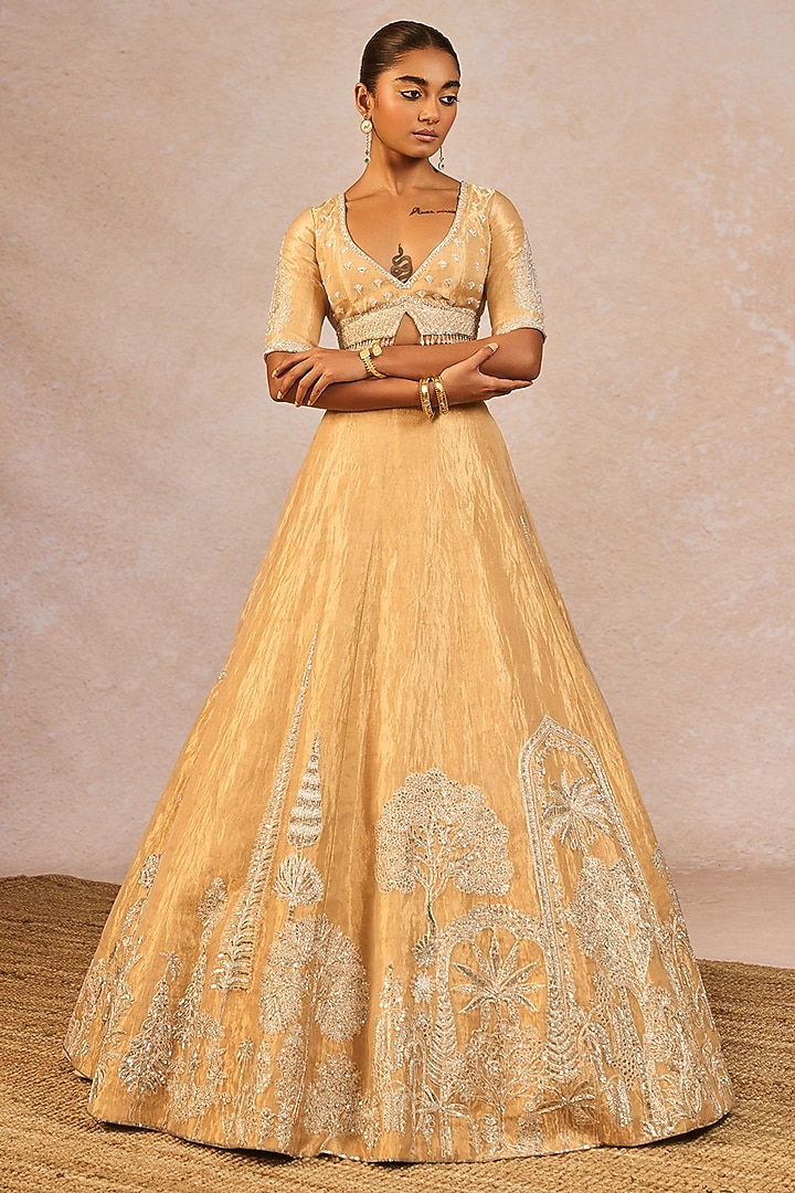 Gold Tissue Gul Jharokha Motif Embroidered Bridal Lehenga Set by Masaba at Pernia's Pop Up Shop
