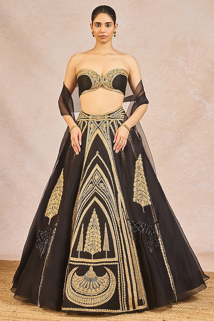 Black Organza Chaand Pankh Motif Embroidered Bridal Lehenga Set by Masaba at Pernia's Pop Up Shop