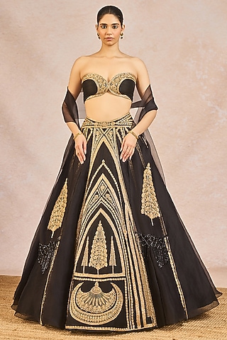 Black Organza Chaand Pankh Motif Embroidered Lehenga Set by Masaba