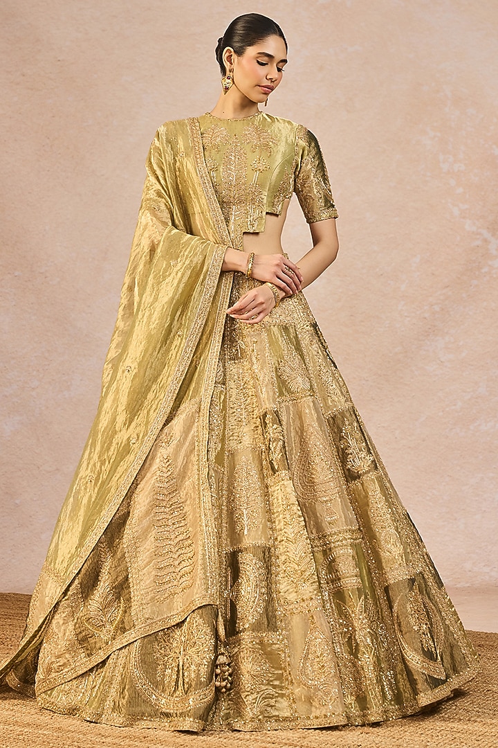Green Tissue & Organza Paankh Bagh Motif Embroidered Bridal Lehenga Set by Masaba at Pernia's Pop Up Shop