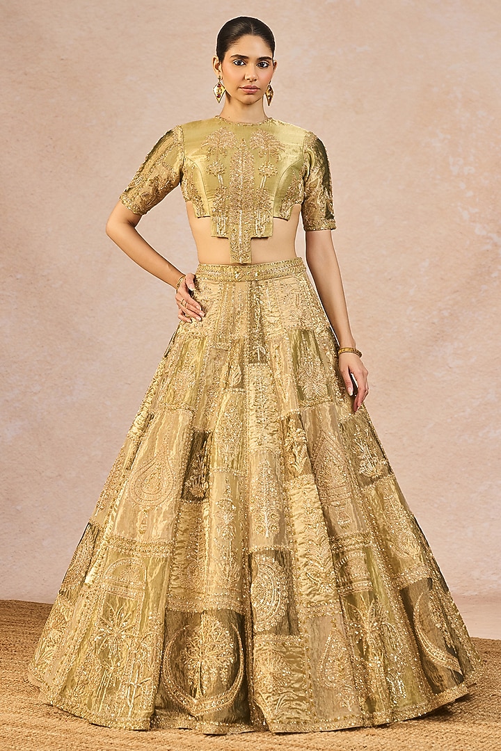 Green Tissue & Organza Paankh Bagh Motif Embroidered Bridal Lehenga Set by Masaba at Pernia's Pop Up Shop