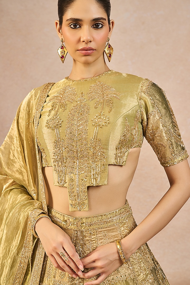 Green Tissue & Organza Paankh Bagh Motif Embroidered Bridal Lehenga Set by Masaba at Pernia's Pop Up Shop