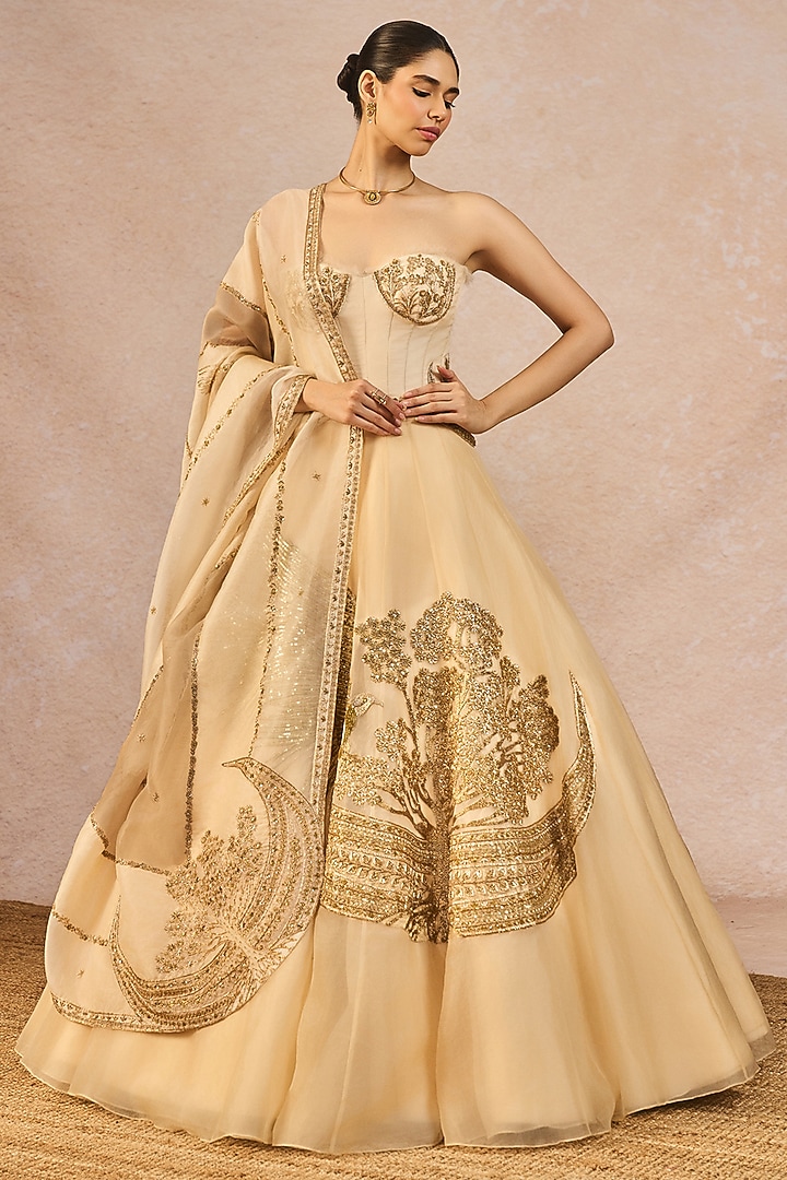 Ivory Organza Chaand Motif Embroidered Bridal Lehenga Set by Masaba at Pernia's Pop Up Shop
