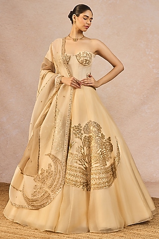Ivory Organza Chaand Motif Embroidered Lehenga Set by Masaba