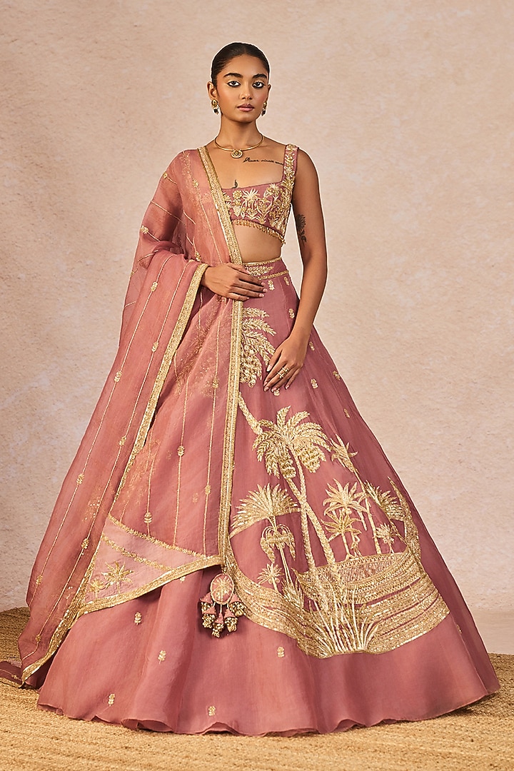 Mauve Organza Chaand Kashti Motif Embroidered Bridal Lehenga Set by Masaba at Pernia's Pop Up Shop