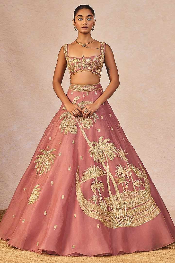 Mauve Organza Chaand Kashti Motif Embroidered Bridal Lehenga Set by Masaba at Pernia's Pop Up Shop