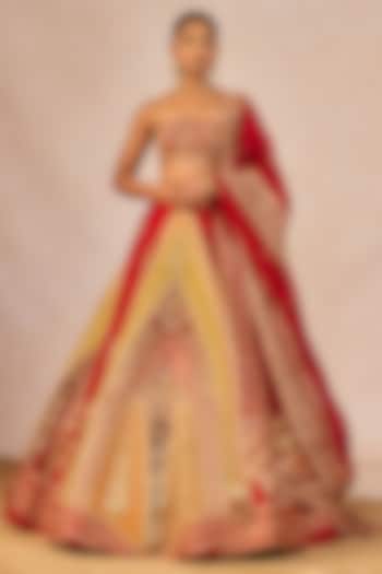Red Raw Silk Mithi Makaai Motif Embroidered Bridal Lehenga Set by Masaba at Pernia's Pop Up Shop
