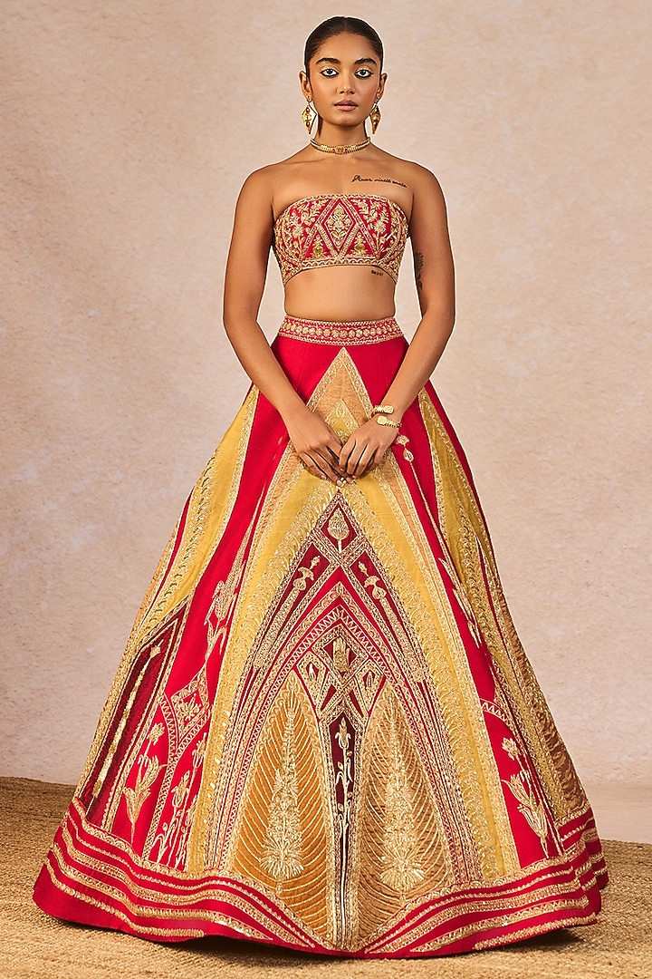 Red Raw Silk Mithi Makaai Motif Embroidered Bridal Lehenga Set by Masaba at Pernia's Pop Up Shop