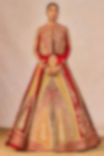 Red Raw Silk Mithi Makaai Motif Embroidered Bridal Lehenga Set by Masaba at Pernia's Pop Up Shop