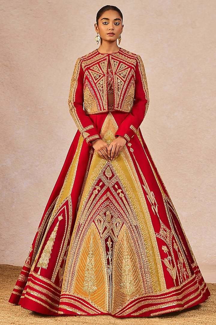 Red Raw Silk Mithi Makaai Motif Embroidered Bridal Lehenga Set by Masaba at Pernia's Pop Up Shop