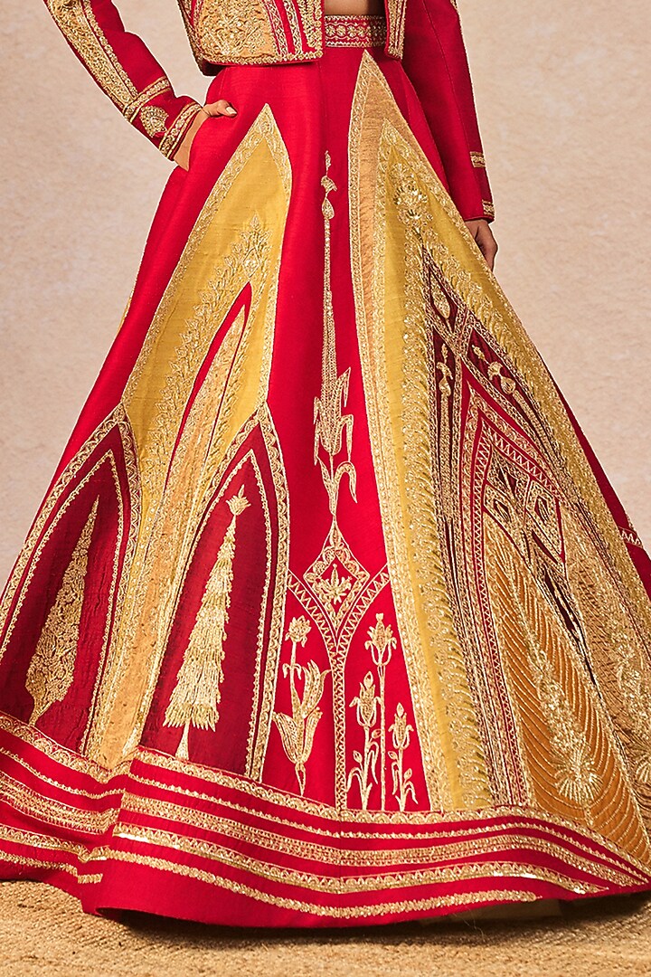 Red Raw Silk Mithi Makaai Motif Embroidered Bridal Lehenga Set by Masaba at Pernia's Pop Up Shop