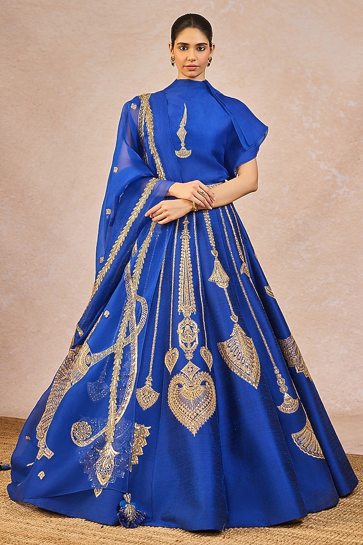 Blue Raw Silk Paankh Bagh Motif Embroidered Kalidar Bridal Lehenga Set by Masaba at Pernia's Pop Up Shop