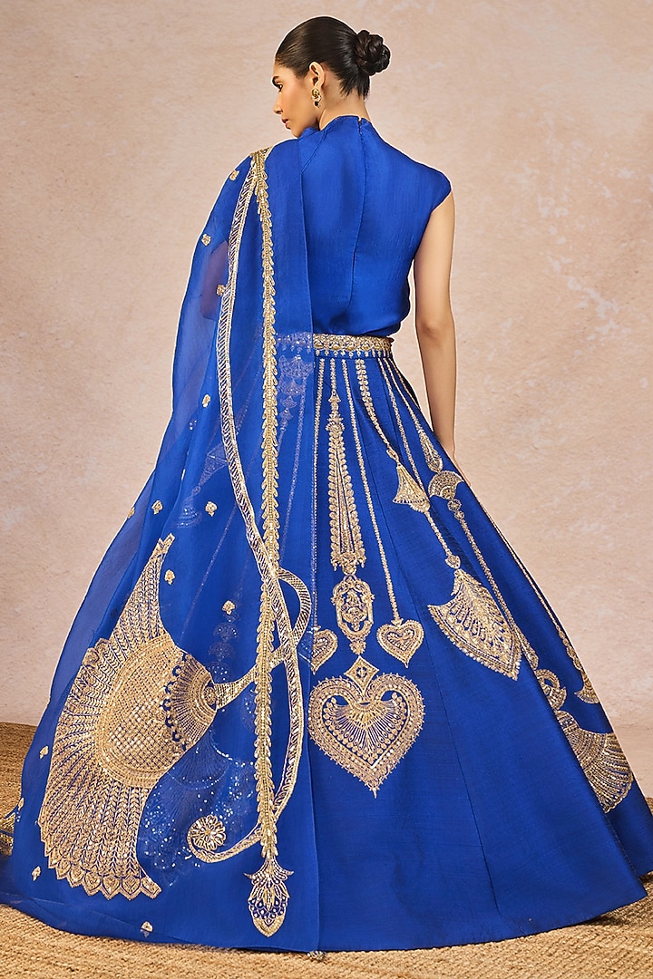 Blue Raw Silk Paankh Bagh Motif Embroidered Kalidar Bridal Lehenga Set by Masaba at Pernia's Pop Up Shop