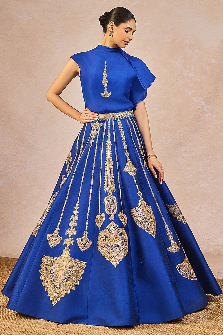 Blue Raw Silk Paankh Bagh Motif Embroidered Kalidar Bridal Lehenga Set by Masaba at Pernia's Pop Up Shop