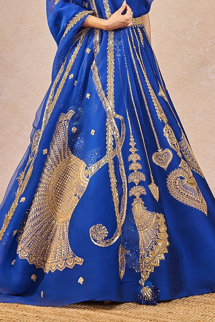 Blue Raw Silk Paankh Bagh Motif Embroidered Kalidar Bridal Lehenga Set by Masaba at Pernia's Pop Up Shop