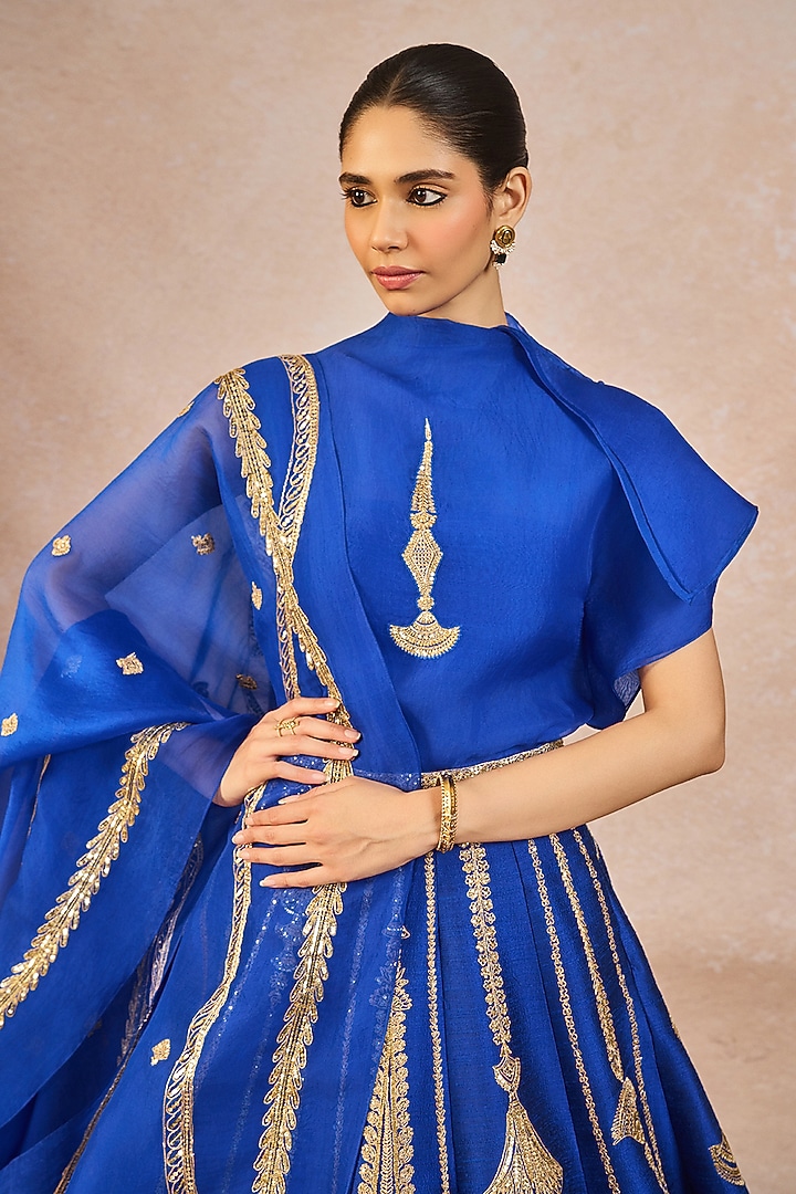 Blue Raw Silk Paankh Bagh Motif Embroidered Kalidar Bridal Lehenga Set by Masaba at Pernia's Pop Up Shop