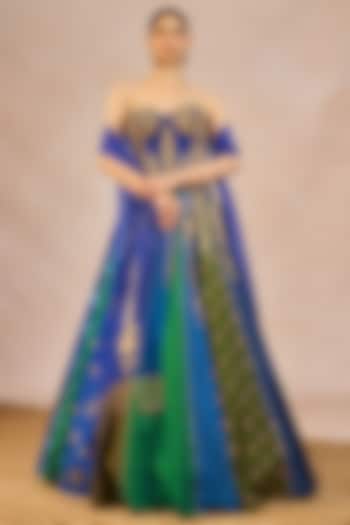 Blue & Green Raw Silk Printed & Bagh Motif Embroidered Bridal Lehenga Set by Masaba at Pernia's Pop Up Shop
