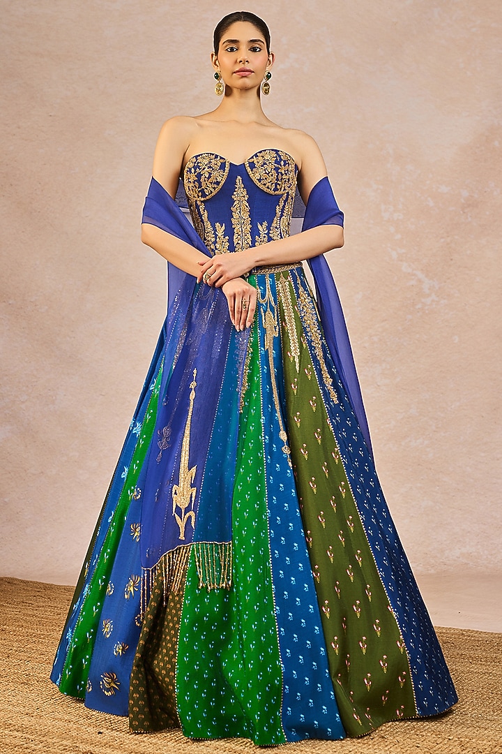 Blue & Green Raw Silk Printed & Bagh Motif Embroidered Bridal Lehenga Set  by Masaba at Pernia's Pop Up Shop 2026